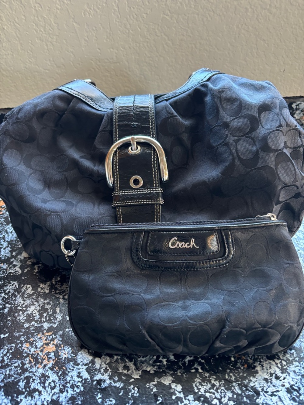 Coach Black Signature Jacquard Shoulder Bag with Matching Wristlet